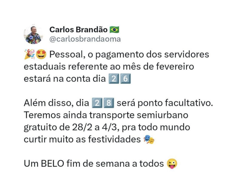 Carlos Brandão anuncia ponto facultativo, pagamento antecipado e transporte gratuito no Carnaval