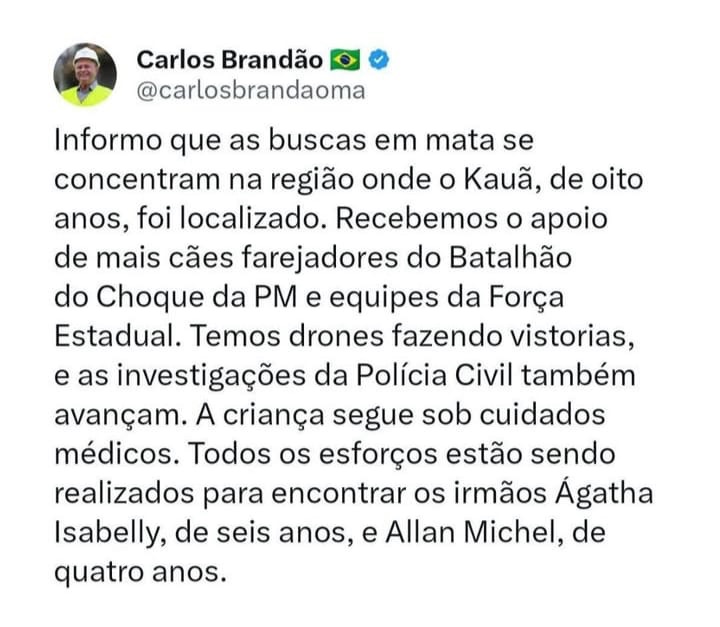 Brandão reforça que buscas continuam por Ágatha e Allan após Kauan ser encontrado em Bacabal